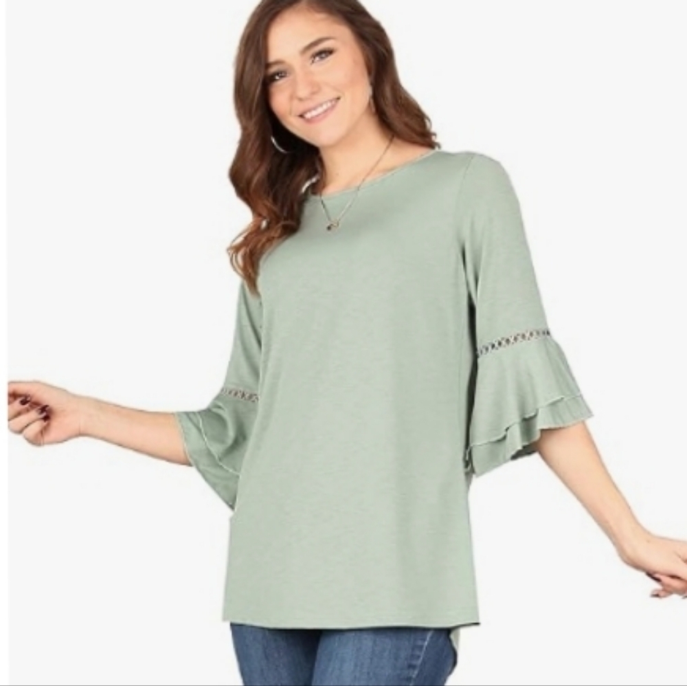 Women's Sage Green Ruffle Sleeve Tunic Top